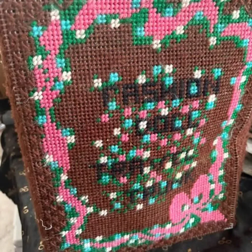 Vintage needlepoint cross stitch yarn art doll case closet cottage, granny core